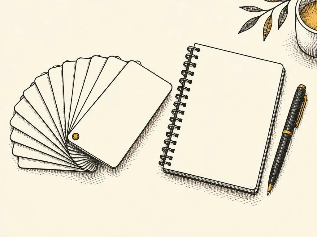 An illustrated deck of hook cards fanned out beside an open content notebook.