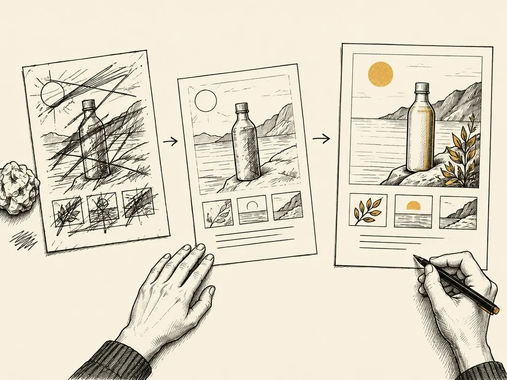 A hand-drawn ad draft being refined through crossed-out vague words into one clear, specific invitation.
