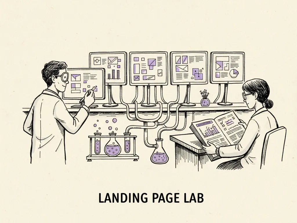 A hand-drawn landing-page testing lab with controlled page variants side by side and an analyst reviewing results in a notebook.