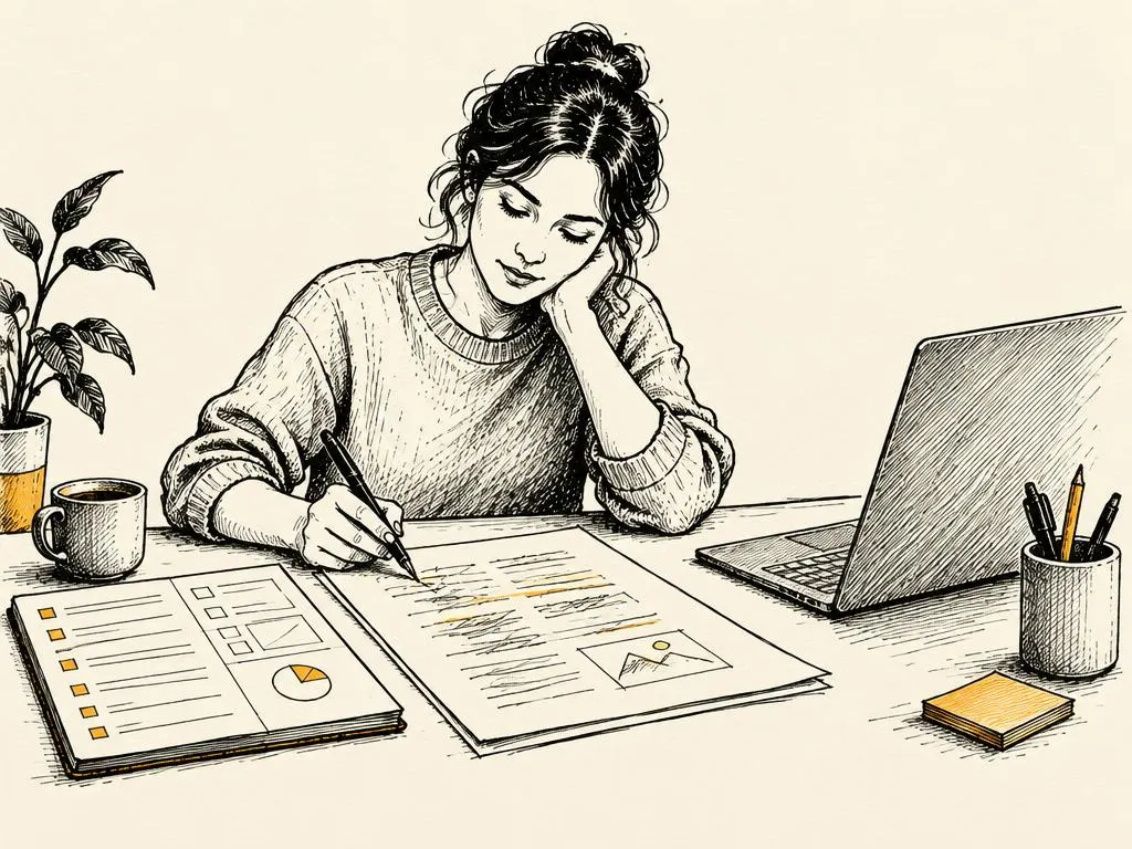 A person revising an ink draft at a desk beside a structured written brief, with no glowing robot imagery.