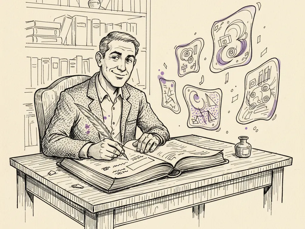 A hand-drawn analyst at a desk keeping an ink citation ledger beside several open AI chat answer windows.