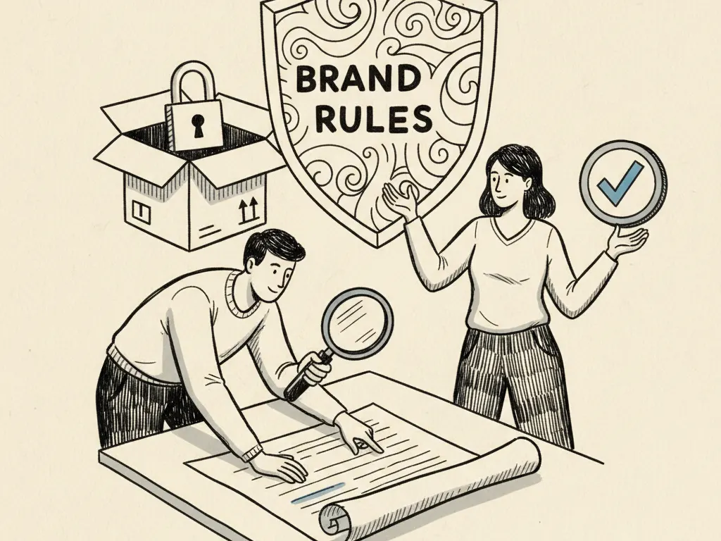 A hand-drawn creative team sitting around a table checking a document of brand rules and evidence before release.