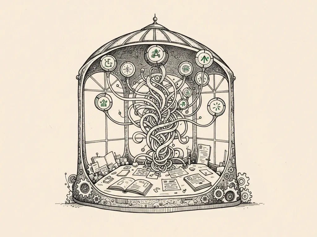 A hand-drawn growth studio with desks labeled research, creative, distribution, and measurement connected by ink arrows to a customer outcome.