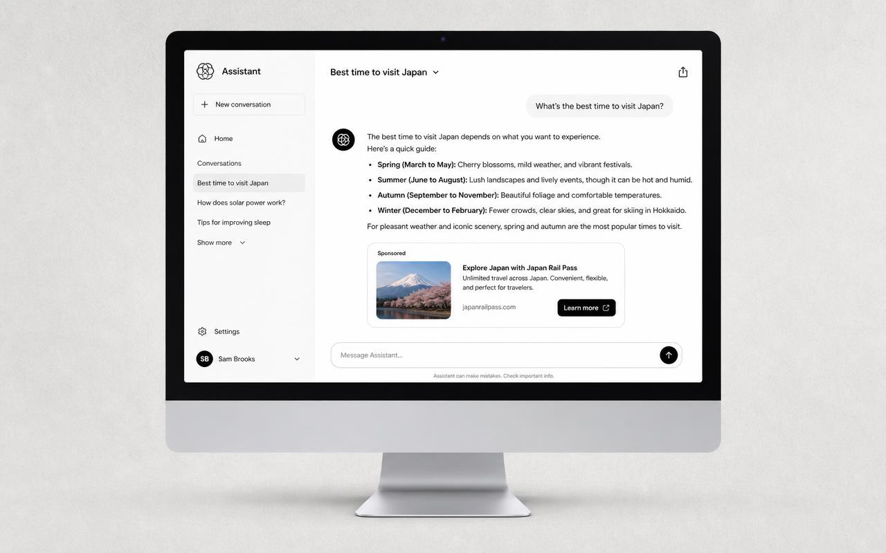 Desktop mockup of a ChatGPT-style assistant answer with a sponsored brand card inside the response
