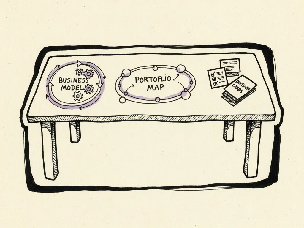 A hand-drawn ink strategy table showing a simple business model, a portfolio map of budget allocations, and clearly labeled decision cards.