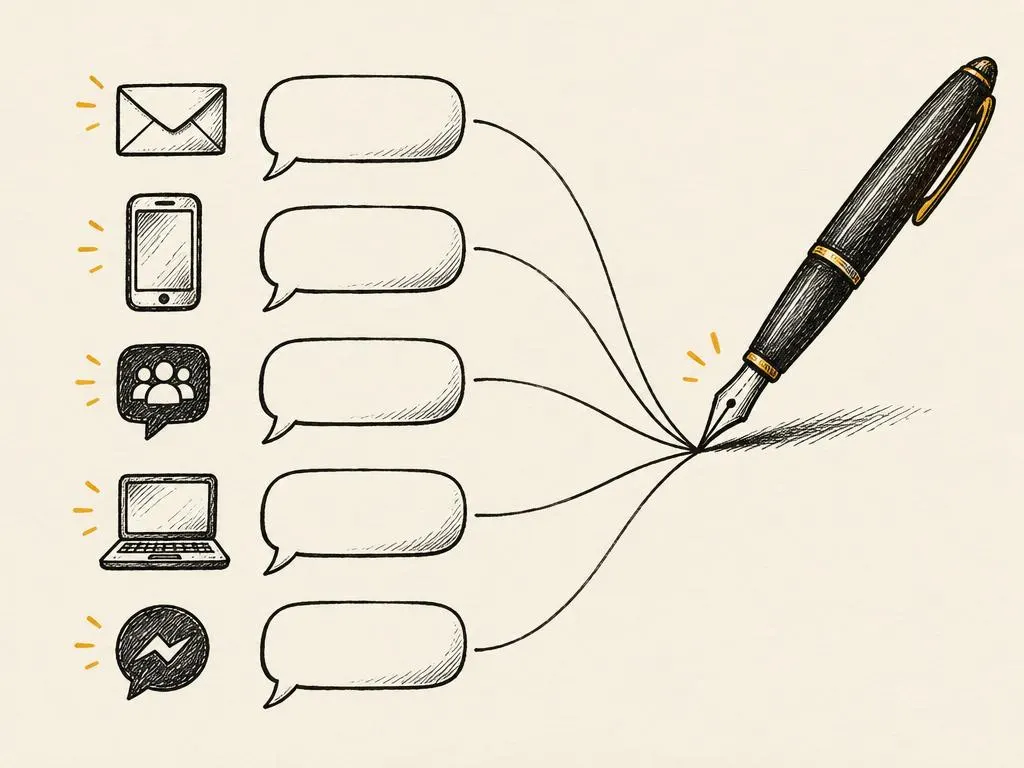 A hand-drawn pen creating identical conversation bubbles across a website, an email, and a social feed, showing one consistent voice.
