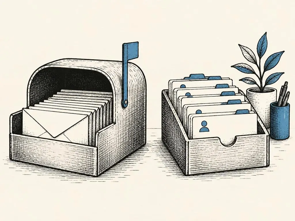 An ink illustration of an inbox receiving purposeful invitations next to a neatly organized list of subscribers.