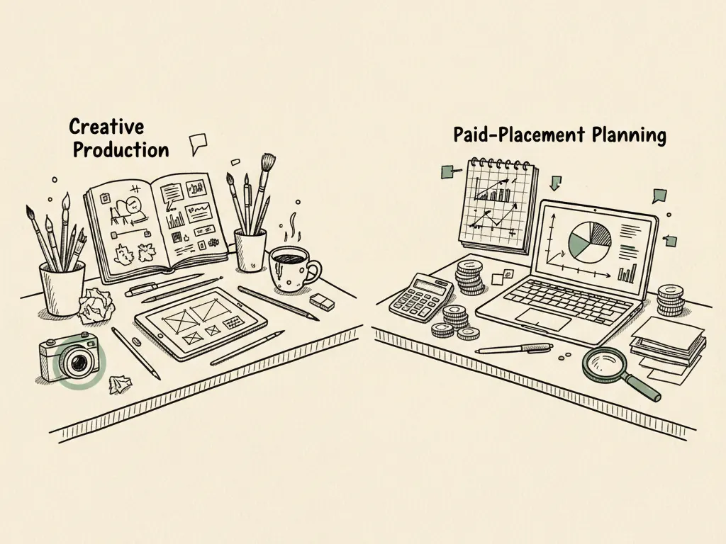 Two hand-drawn desks side by side, one labeled creative production with sketched ad copy, the other labeled paid-placement planning with a checklist.