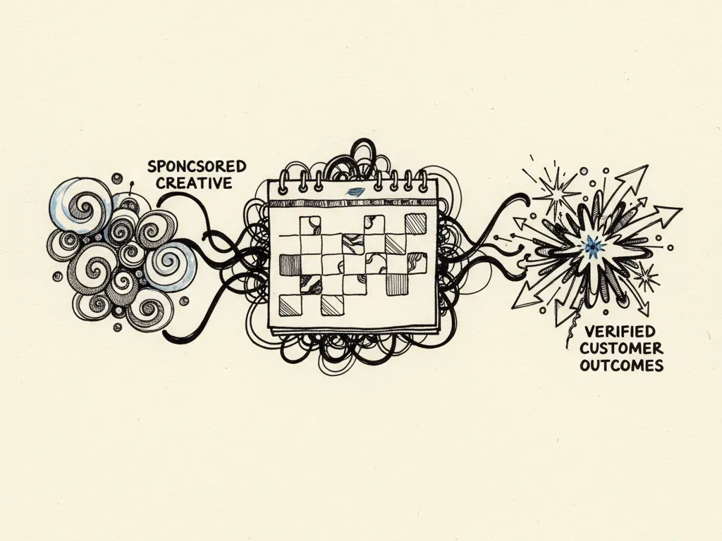 A hand-drawn ink experiment calendar connected by lines to sponsored creative previews and verified customer outcome notes.