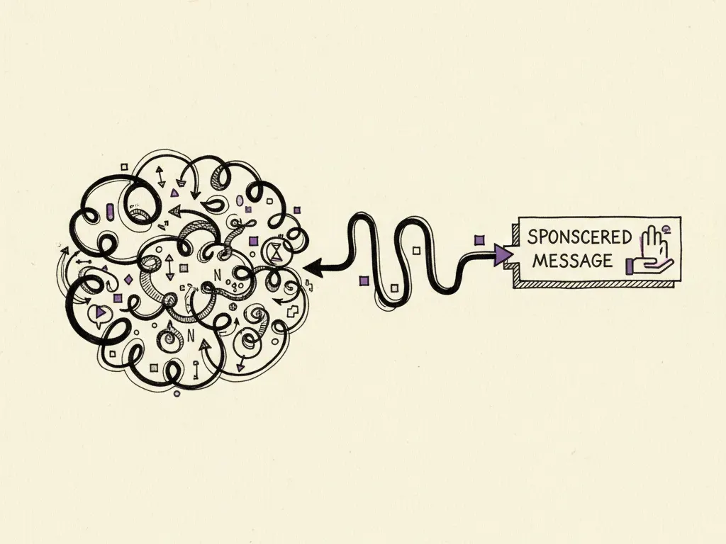 A hand-drawn ink map of a conversation thread with branching intent nodes connecting to a clearly labeled sponsored message box.
