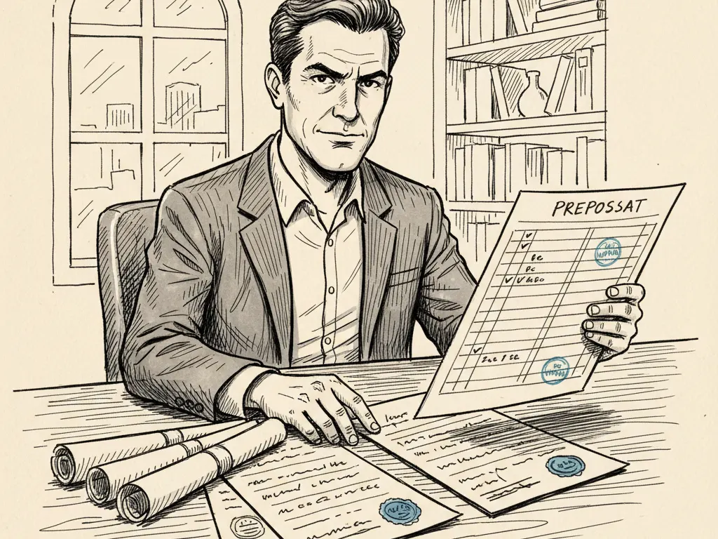 A hand-drawn ink illustration of a founder reviewing a structured scorecard beside verified proposal documents on a desk.