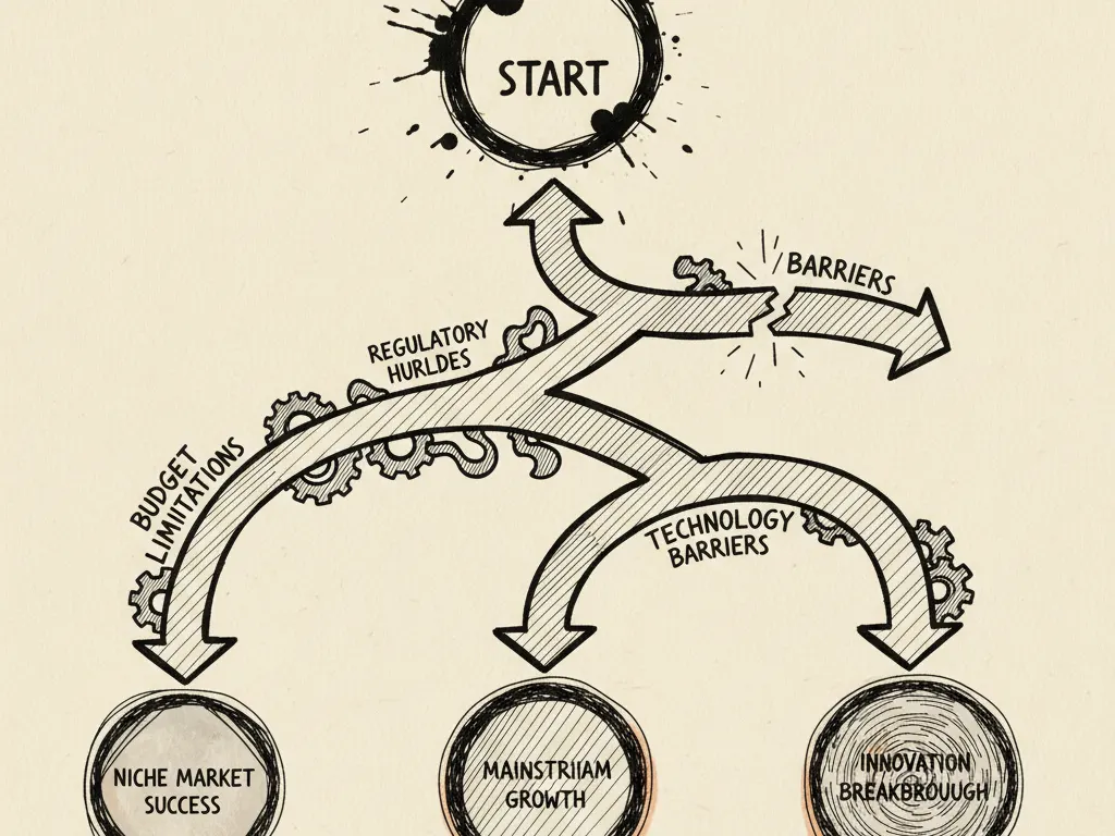 A hand-drawn ink decision board showing three different business constraints each pointing toward a different marketing path.
