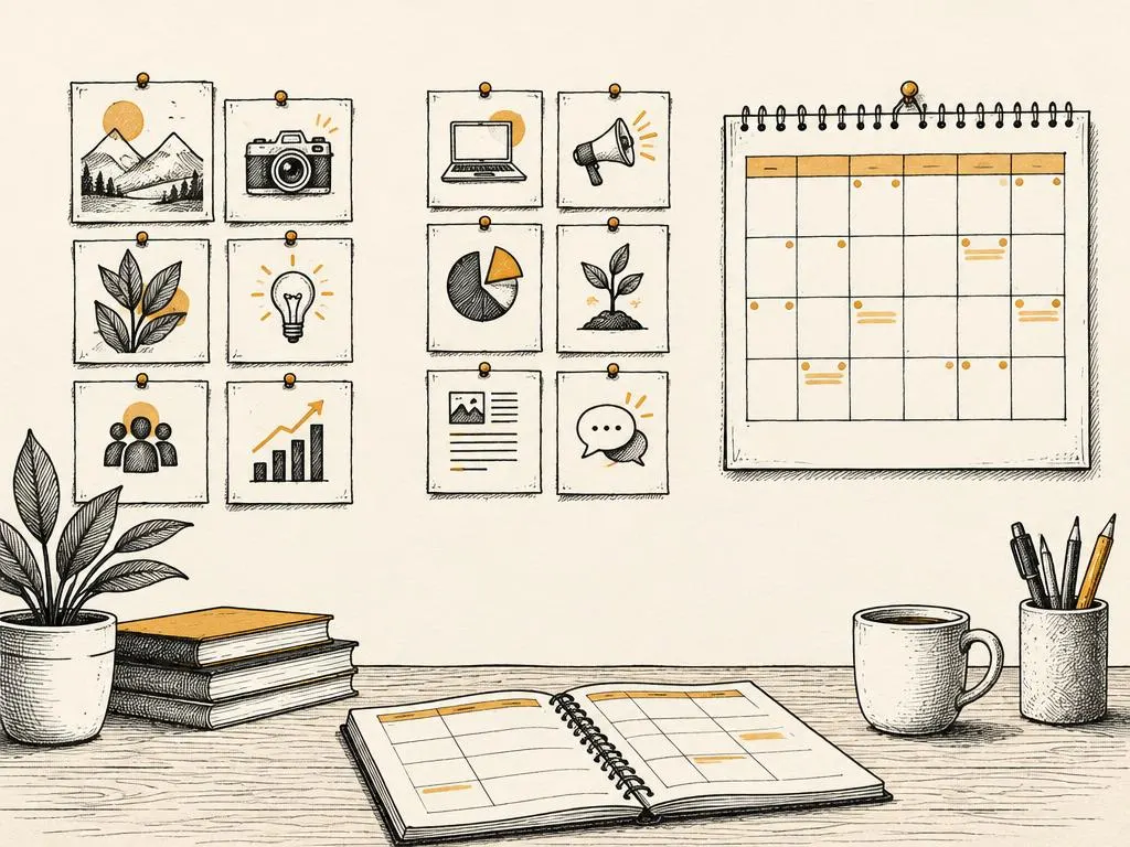 A hand-drawn content wall with grouped sketch cards organised into a tidy monthly planner grid.