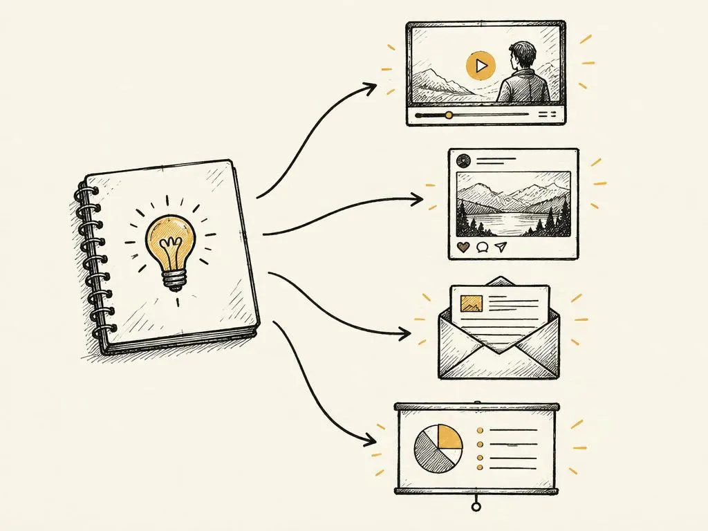 One hand-drawn notebook insight branching outward into distinct creative formats like video, carousel, and email icons.