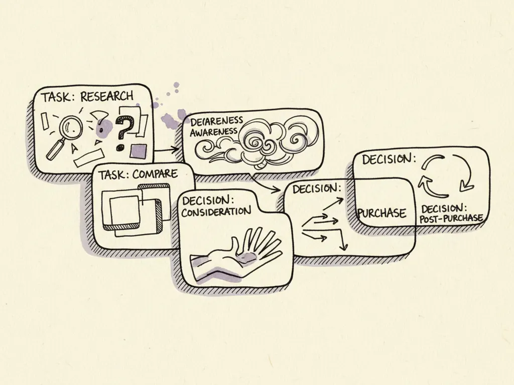 Hand-drawn index cards showing customer questions arranged into columns by task and decision stage, connected with ink lines to offer labels.