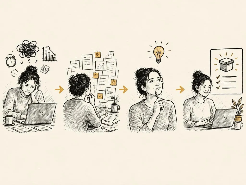 An ink storyboard moving from a customer's problem on the left to a clear offer and call to action on the right.