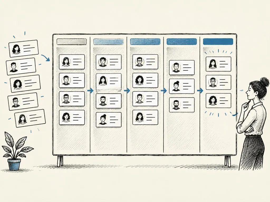 A hand-drawn ink pipeline board showing contact cards moving through clearly labeled sales stages.