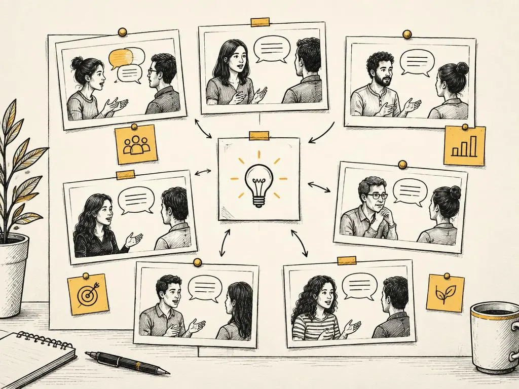Hand-drawn conversation cards pinned to a board and organized into a clear set of insight columns.