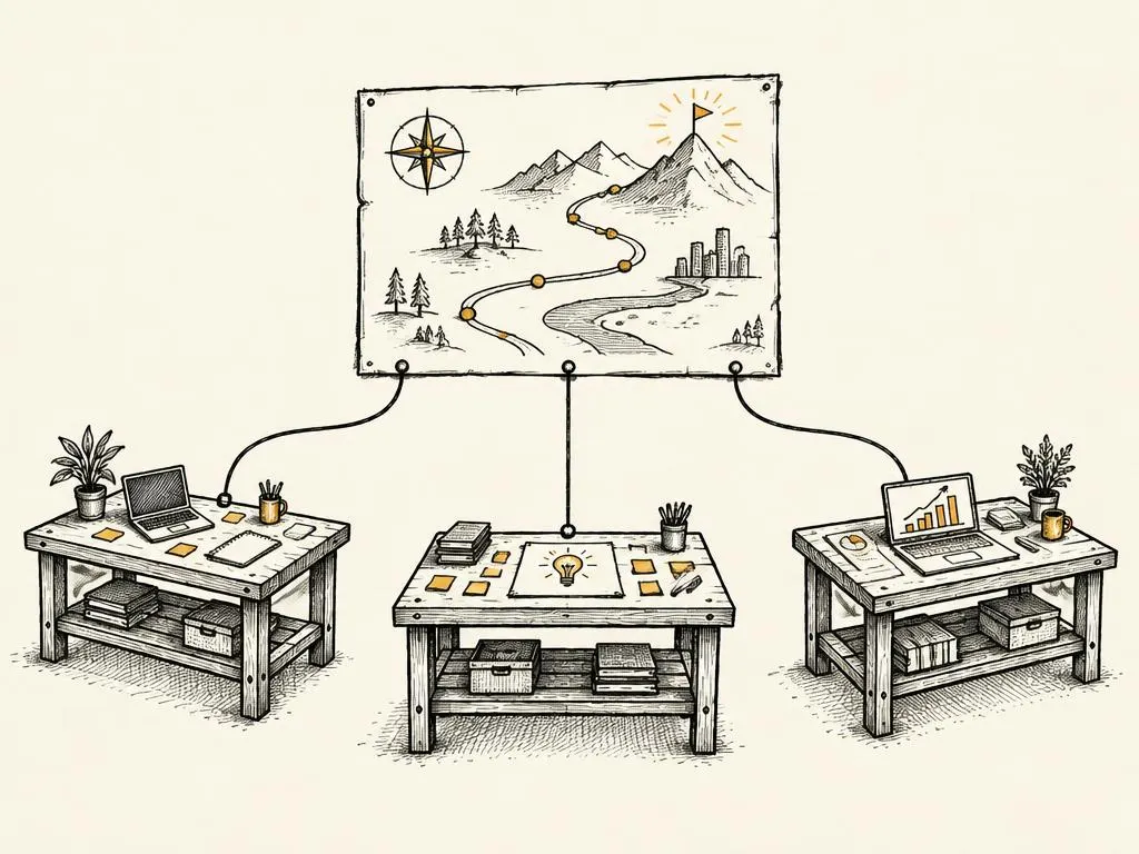 Three hand-drawn workbenches, each with different tools, connected by ink lines to one shared business growth map.