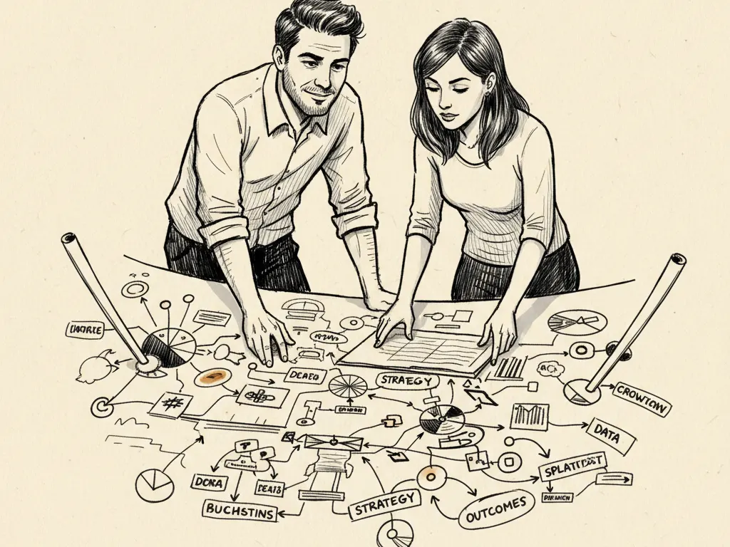 A hand-drawn ink sketch of a founder and a strategist mapping a business-results strategy on a whiteboard with arrows and boxes.