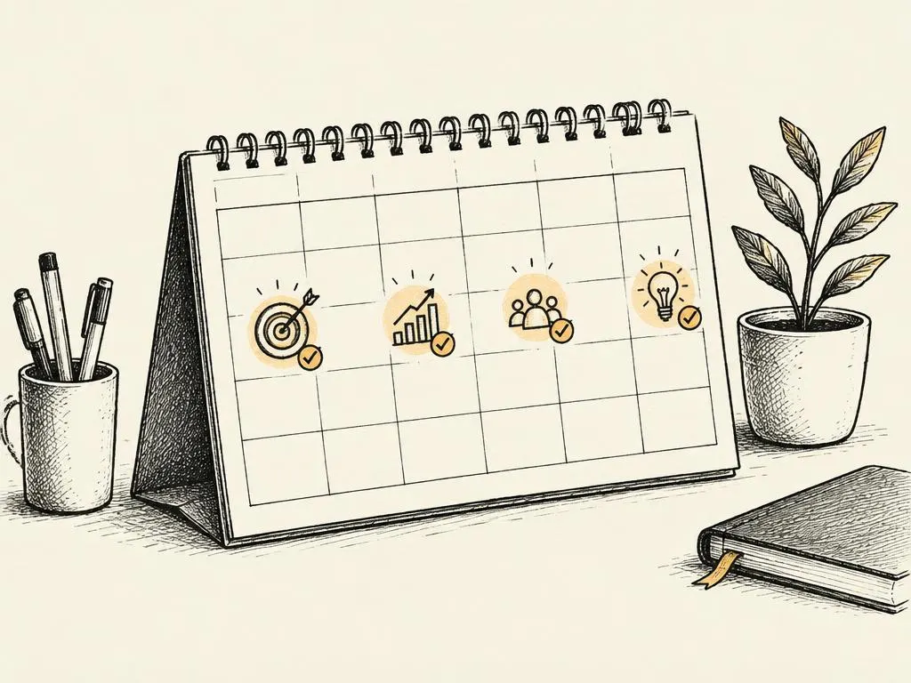 A hand-drawn ink calendar with four purposeful weekly checkpoints marked along the month.