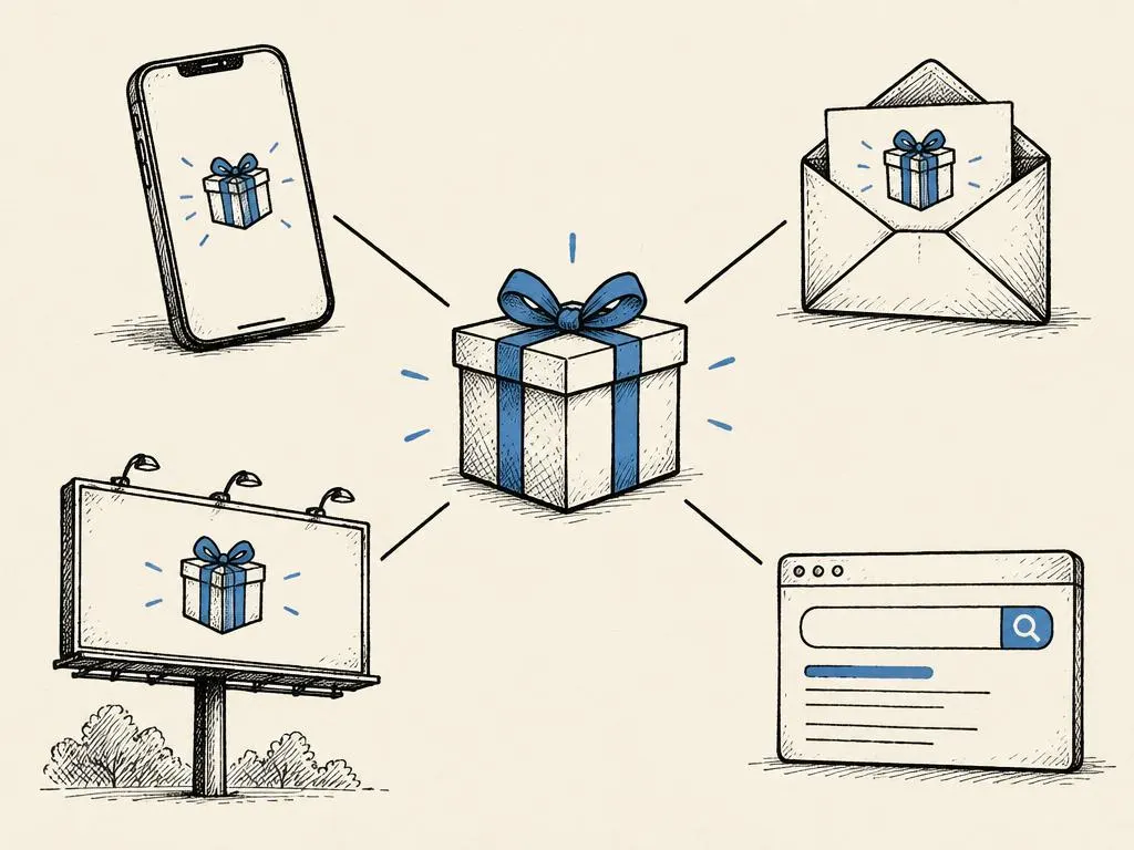 A hand-drawn central offer box connected by lines to a social post, an email, and a landing page touchpoint.