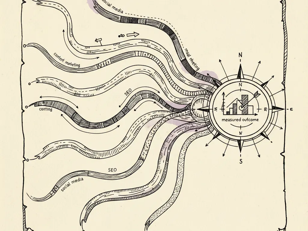 A hand-drawn ink campaign map showing several channel icons converging into a single measured outcome box.