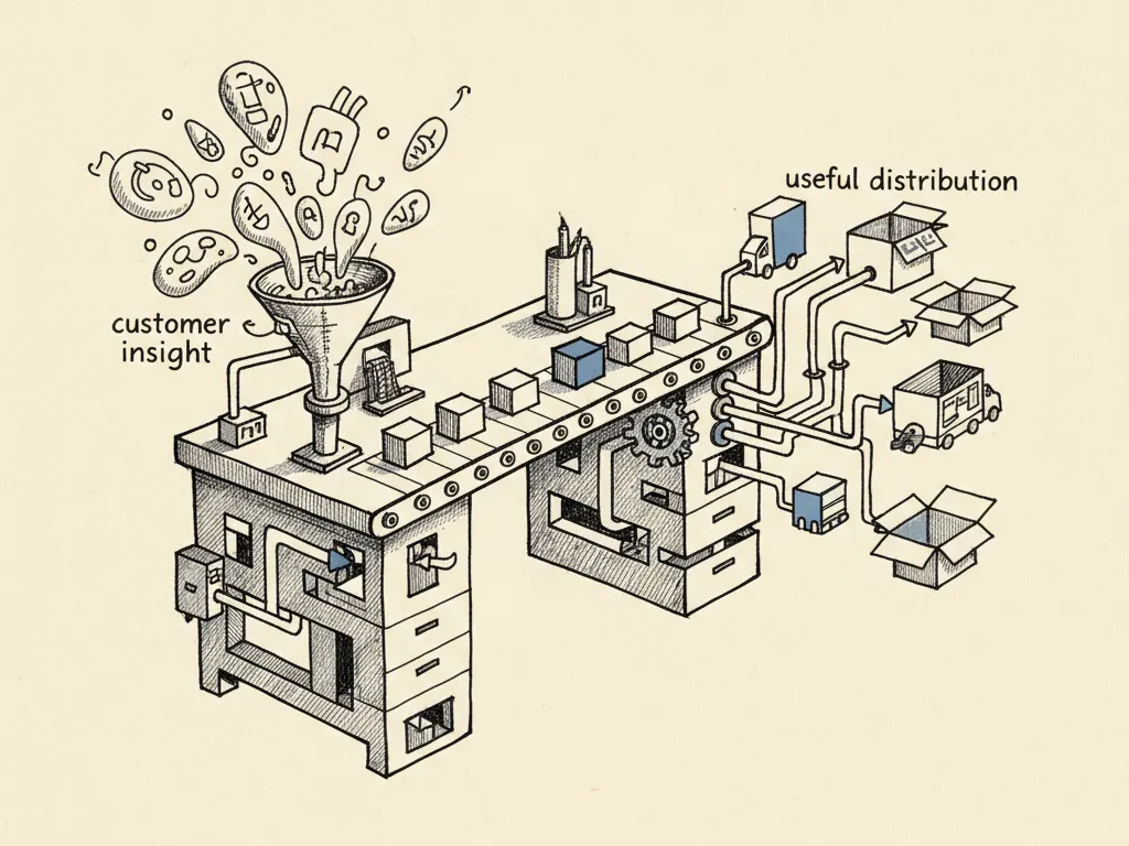 A hand-drawn small-business desk with sketched arrows turning customer insight notes into content, email, and partnership distribution.