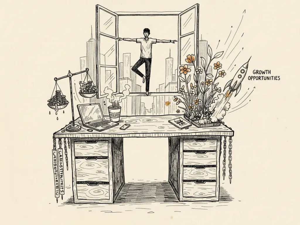 A hand-drawn ink sketch of a founder's budget desk balancing cash constraints on one side and growth opportunities on the other.