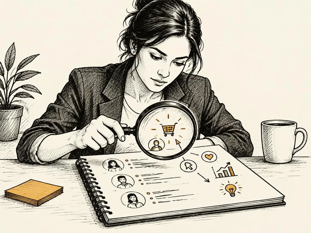 A marketer studying customer notes on a corkboard with a magnifying glass highlighting meaningful buying signals.