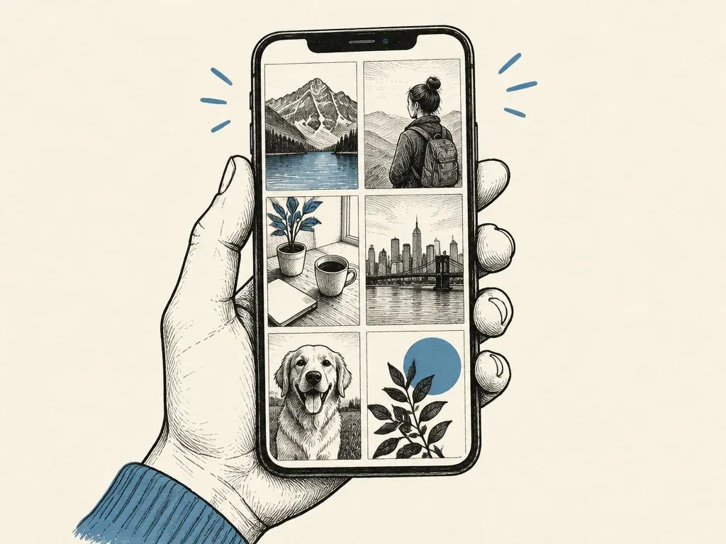 An illustrated phone screen showing a grid of purposeful monochrome creative panels for an Instagram content plan.