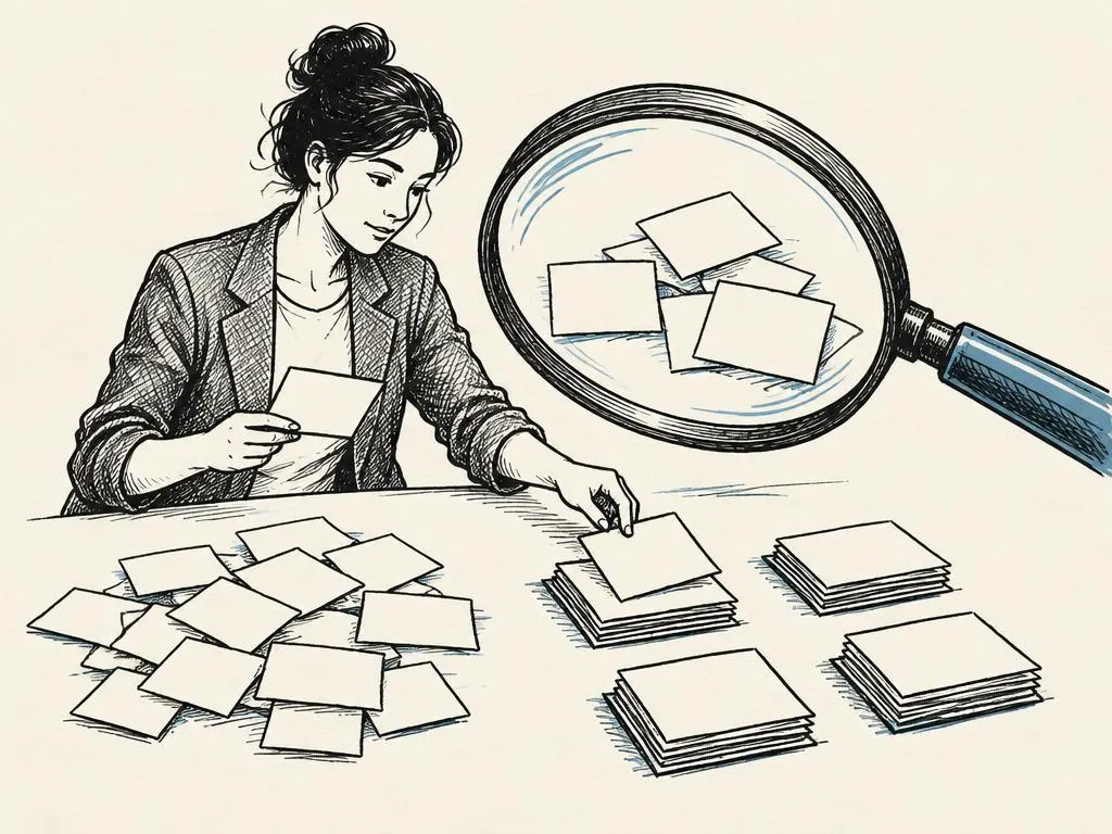 A hand-drawn researcher grouping stacks of question cards on a table beneath a large magnifying glass.