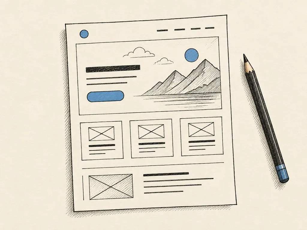 A hand-drawn landing page wireframe showing a clean, labeled hierarchy of headline, proof, and one action button.