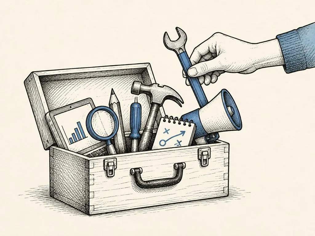 A hand-drawn illustrated toolkit of resources with the right customer reaching for the one relevant item.
