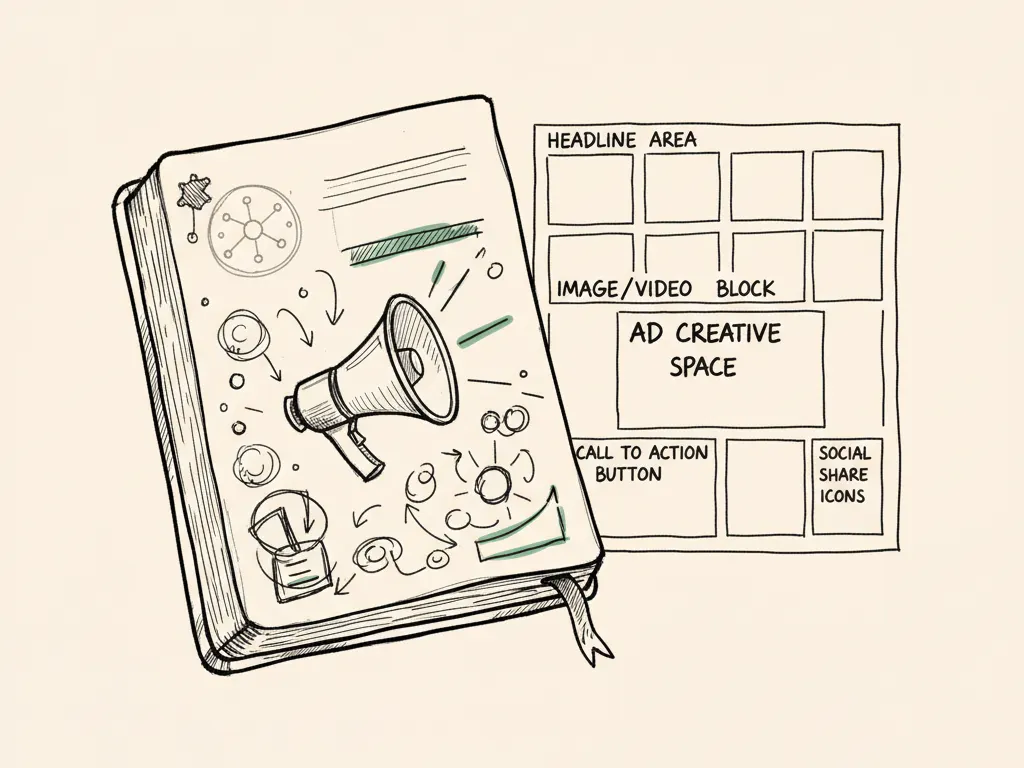 A hand-drawn open campaign notebook sitting beside a clearly labeled generic wireframe of an ad-planning screen.