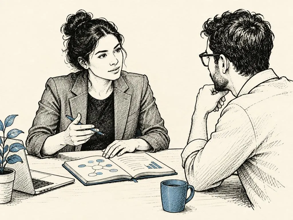 A hand-drawn illustration of two professionals in discussion connected by a line to an open notebook full of expertise notes.