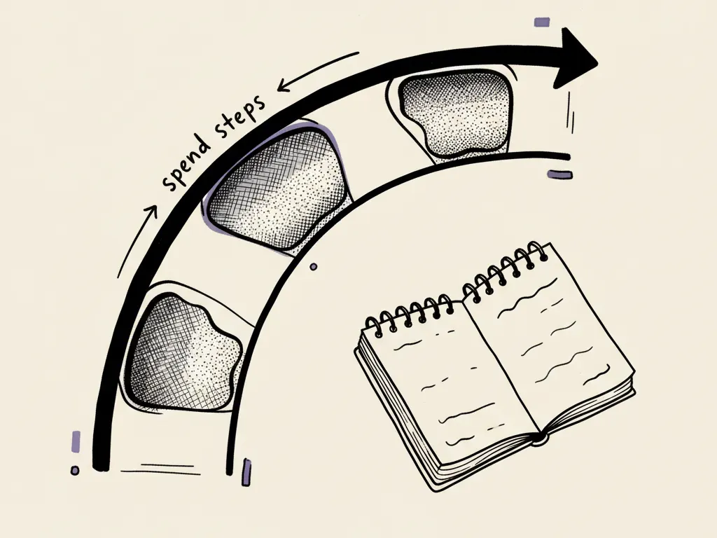 A hand-drawn curve of ad spend against return, with labeled spend steps and a business notebook beside it.