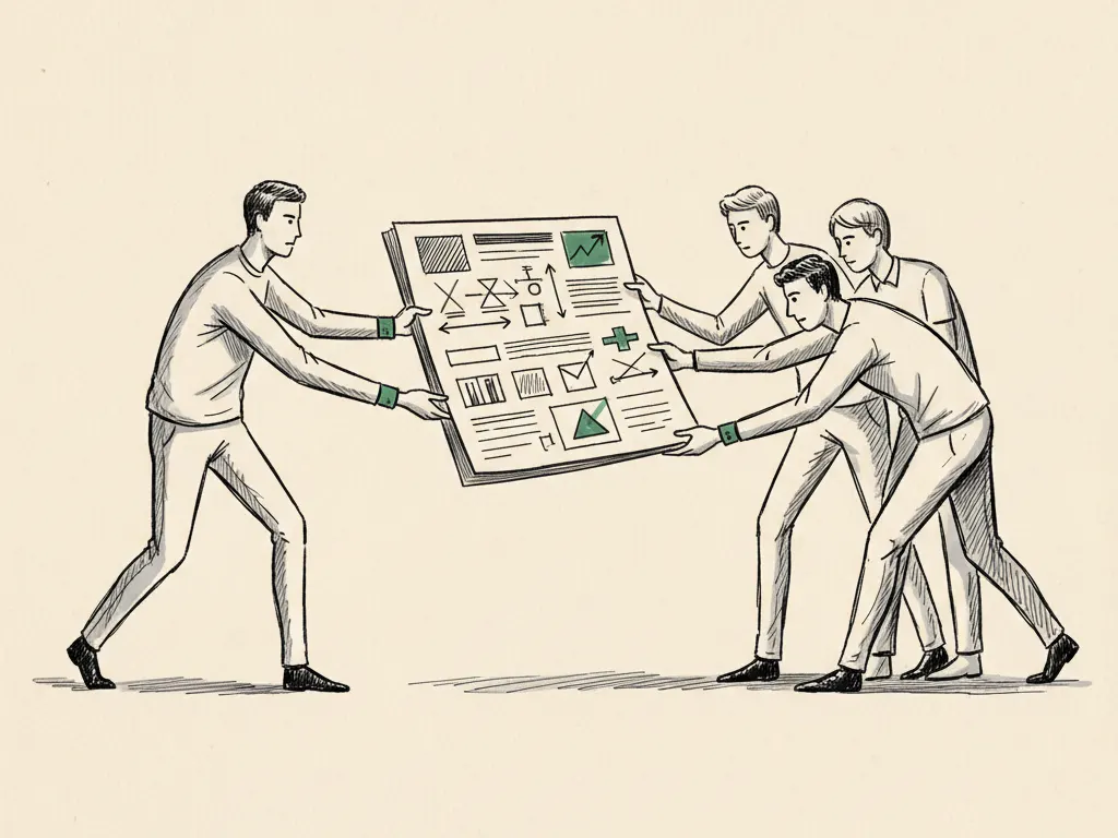 A neatly annotated ink brief document being passed between a founder and a marketing team across a table.