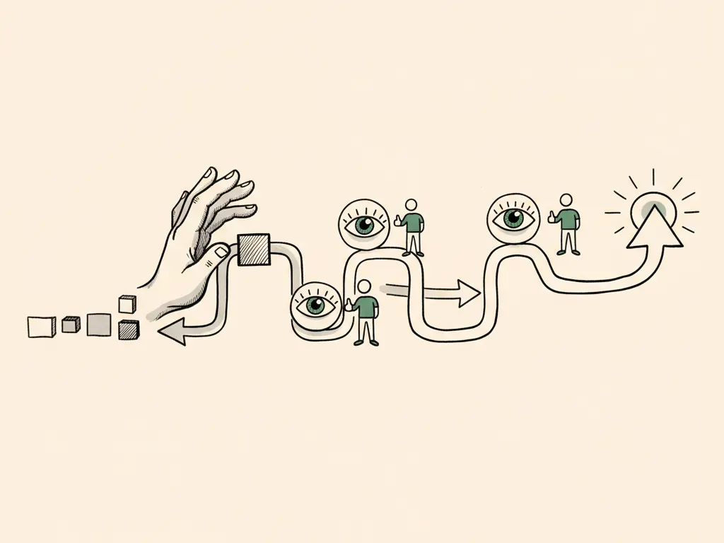 A hand-drawn flowchart of an automated marketing process with clearly marked human review gates at each stage before publishing.