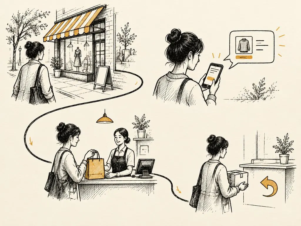 A sketched customer journey winding through a storefront, a message bubble, a purchase receipt, and a returning customer.