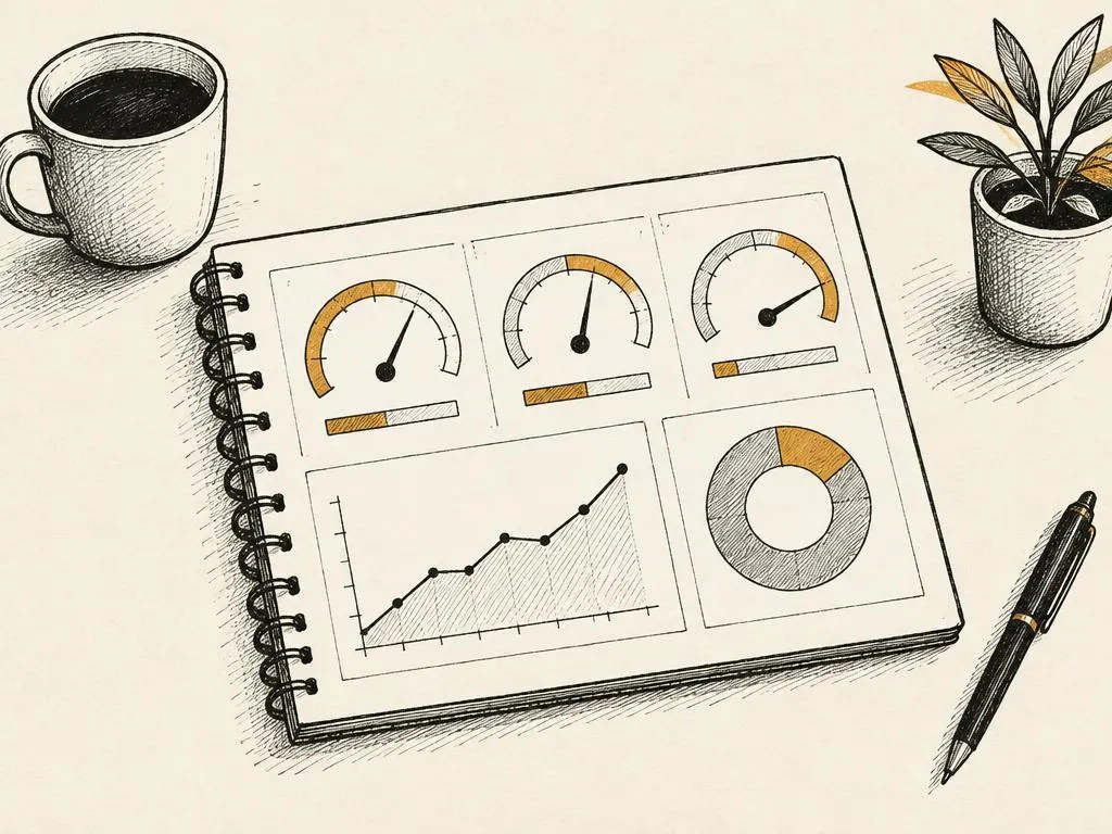 A hand-drawn notebook dashboard showing a small number of purposeful gauges rather than dozens of vanity numbers.