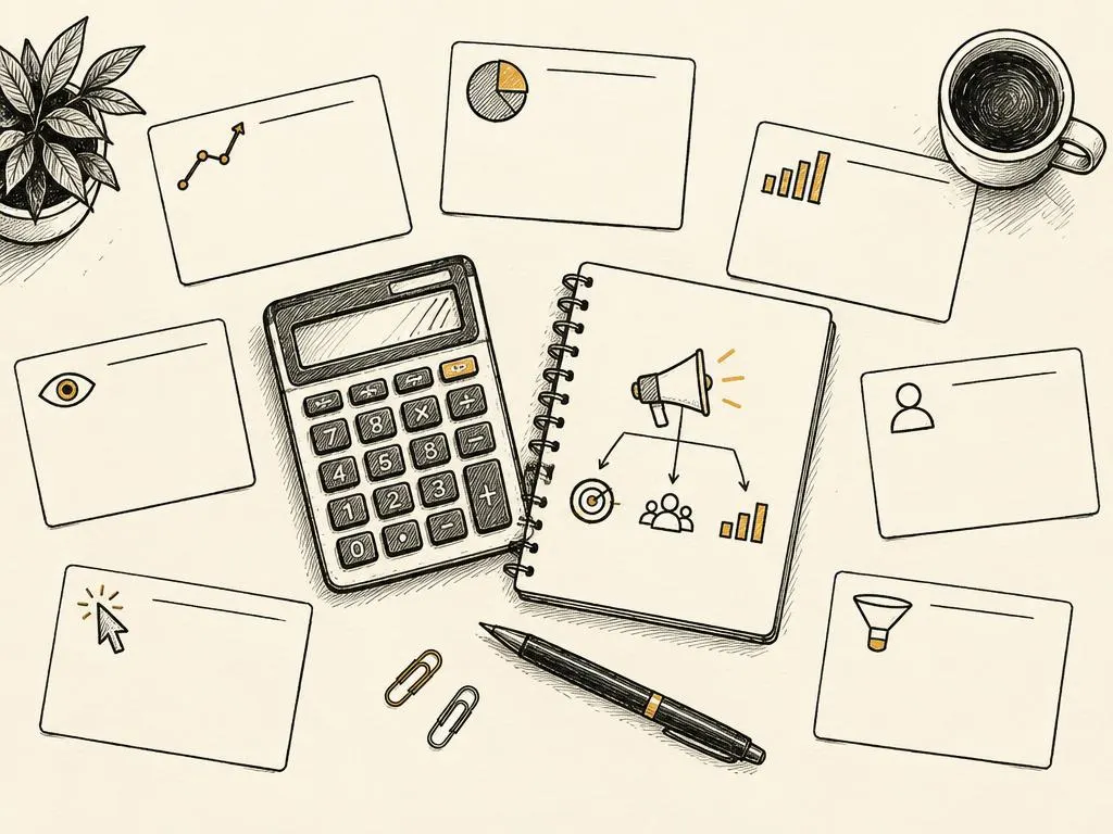 Hand-drawn metric cards for CPC, CPM, CTR, CAC, LTV, and ROAS surrounding a calculator and campaign notebook.