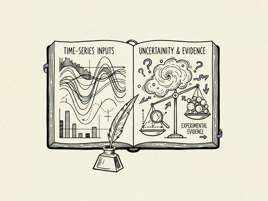 An ink analyst workbook page comparing time-series data inputs, uncertainty ranges, and experimental evidence side by side.