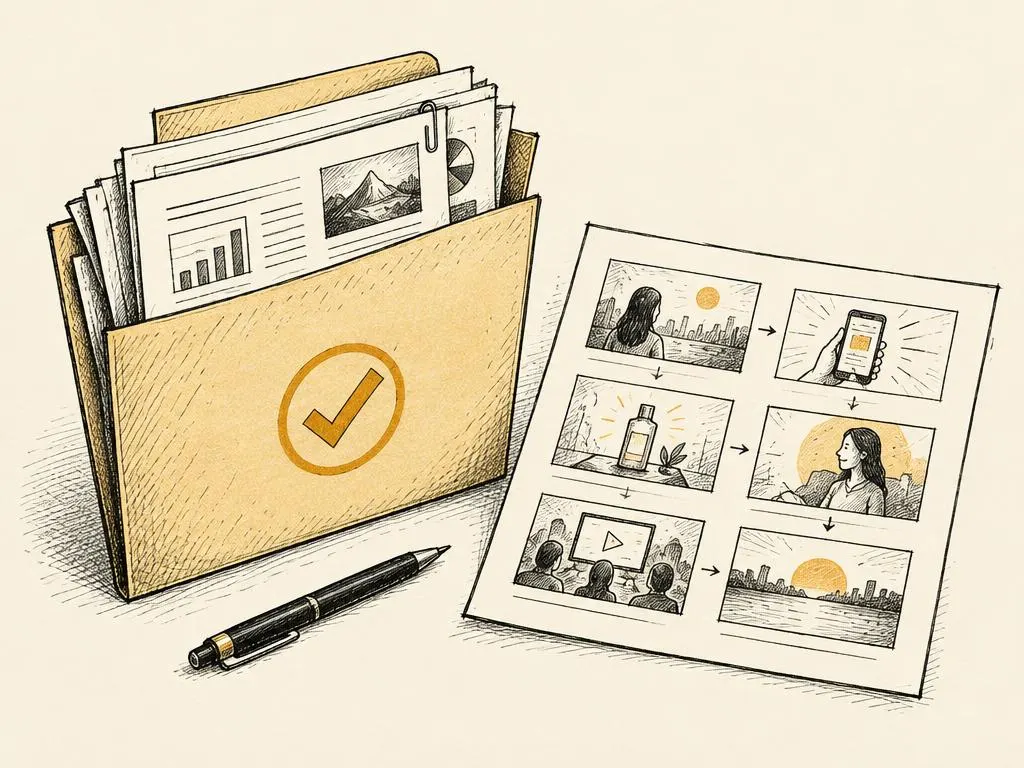 An illustrated folder of verified evidence documents sitting beside a campaign storyboard sketch.