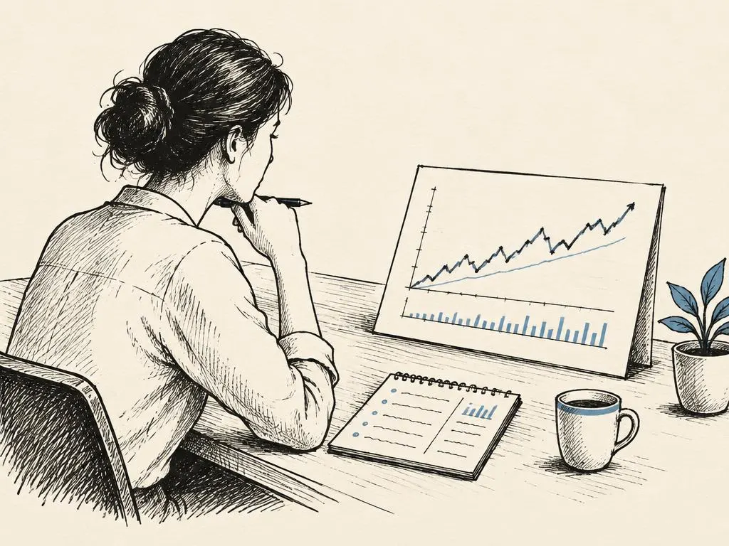 A hand-drawn analyst comparing a search performance chart on one side with a small handwritten citation log on the other.