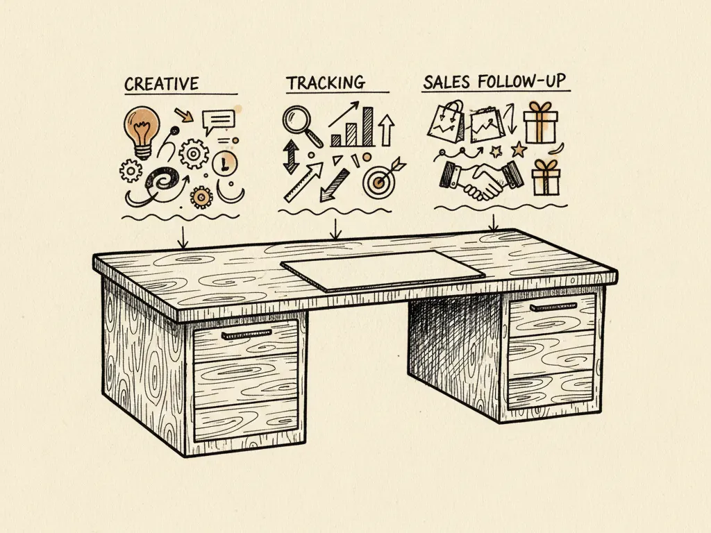 A hand-drawn launch desk with creative assets, a tracking checklist, and a sales follow-up note arranged in alignment.