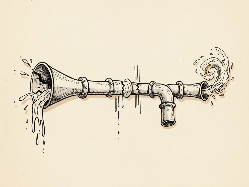 A hand-drawn campaign pipeline shown as a pipe with a few clearly labeled leaks at different stages.