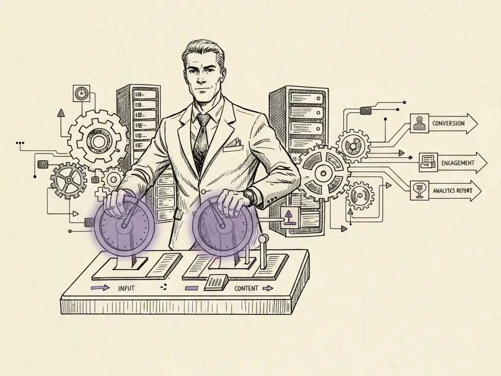 A hand-drawn figure at a control panel guiding an automated campaign system through a set of clearly labeled input dials.