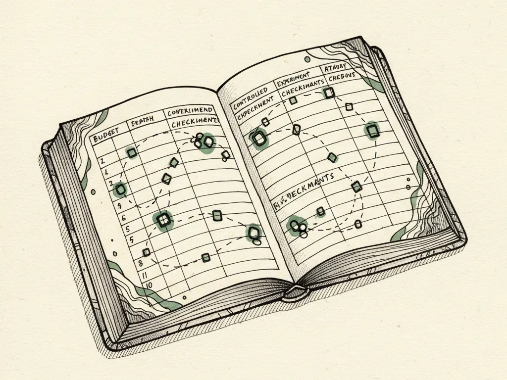 An ink-drawn budget notebook with checkpoints marking controlled review stages for an advertising experiment.