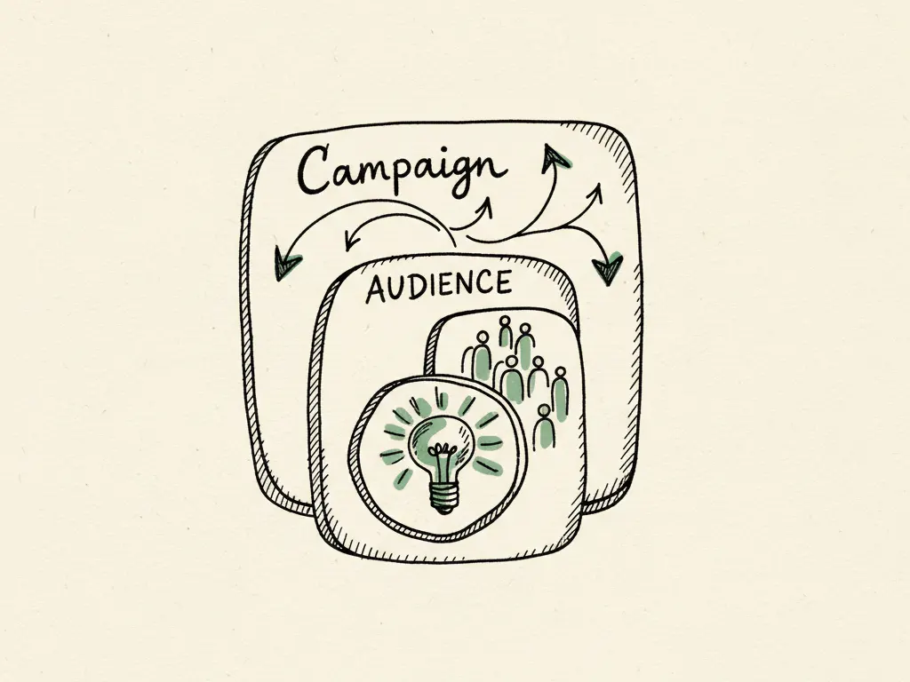 Hand-drawn nested planning cards representing campaign, audience, and creative layers stacked on top of each other.